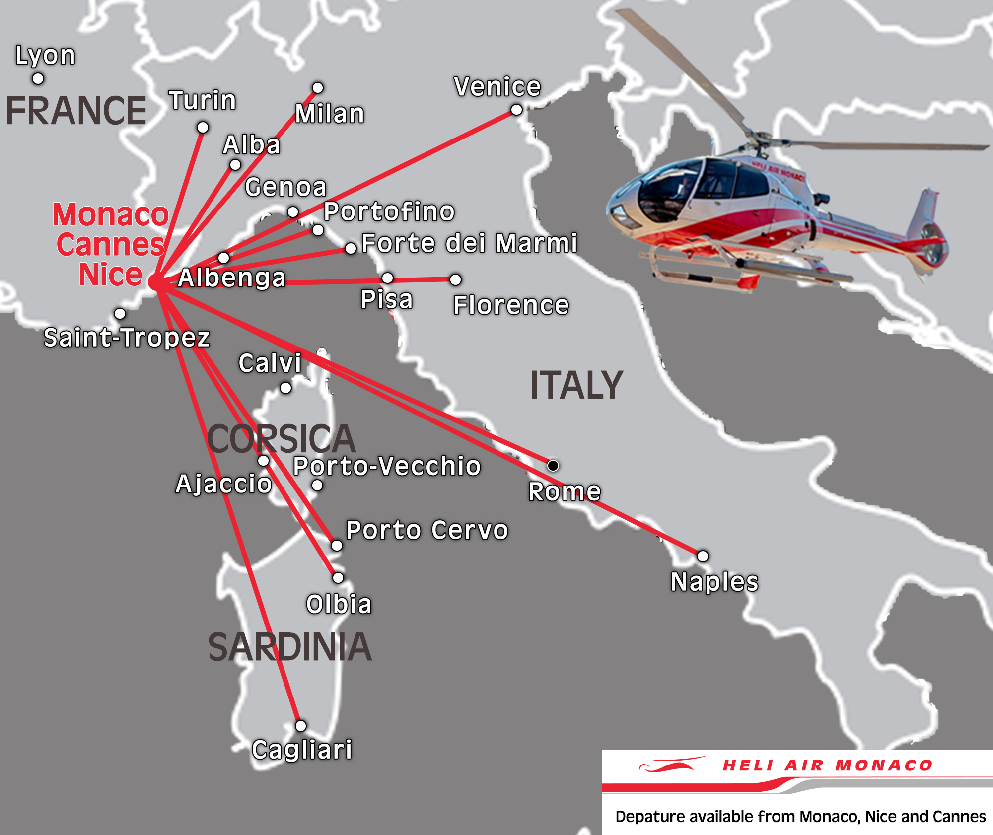 Destination Italie :  Map - Heli Italie - Heli Air Monaco
